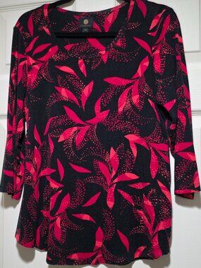JM Collection Petite Medium Red Black Abstract Leaf Print Top